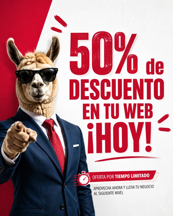 Llama vestida de ejecutivo señalando al frente: 50% de descuento en tu web, ¡hoy! Oferta por tiempo limitado.